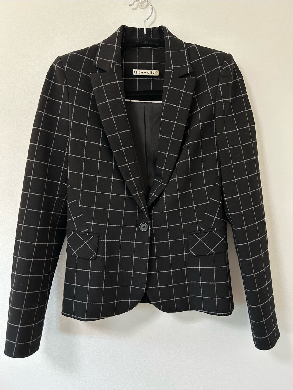 Alice + Olivia Black Windowpane One-Button Blazer size 2